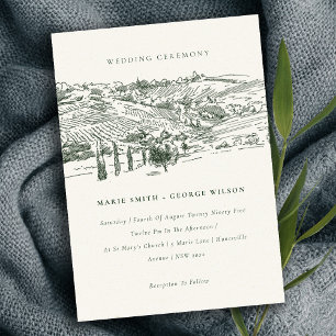Rustic Green Winery Mountain Sketch Wedding Invite