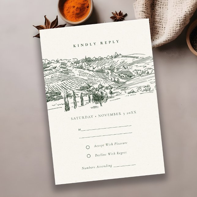 Rustic Green Winery Mountain Sketch Wedding RSVP Enclosure Card (Creator Uploaded)