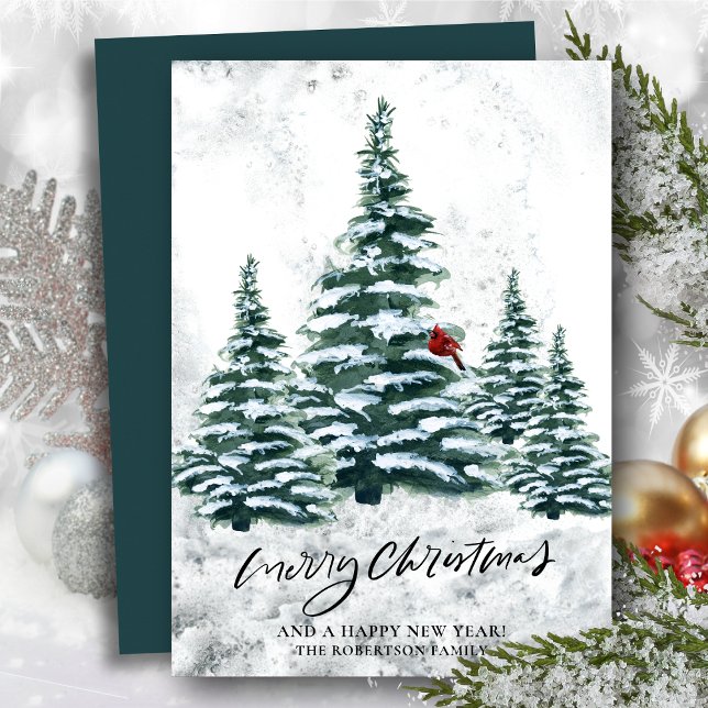 Rustic Green Winter Pine Trees Red Cardinal Bird  Holiday Card (Creator Uploaded)