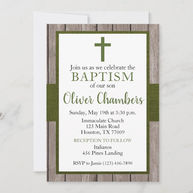 Rustic Green & Wood Boy Baptism Invitation (Front)