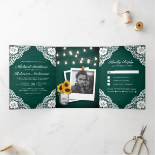 Rustic Green Wood Lace String Lights Wedding Tri-Fold Invitation