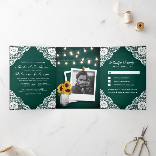 Rustic Green Wood Lace String Lights Wedding Tri-Fold Invitation (Inside)