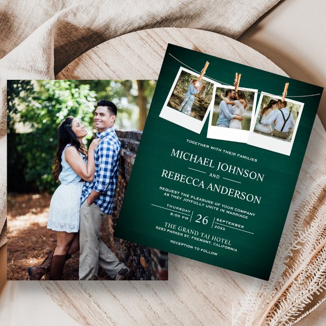Rustic Green Wood Photo Budget Wedding Invitation (Creator Uploaded)