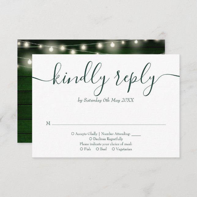 Rustic Green Wood String Lights Floral Script RSVP Card (Front/Back)