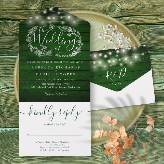 Rustic Green Wood String Lights Floral Wedding All In One Invitation (Rustic Green Wood String Lights Floral Wedding All In One Invitation)