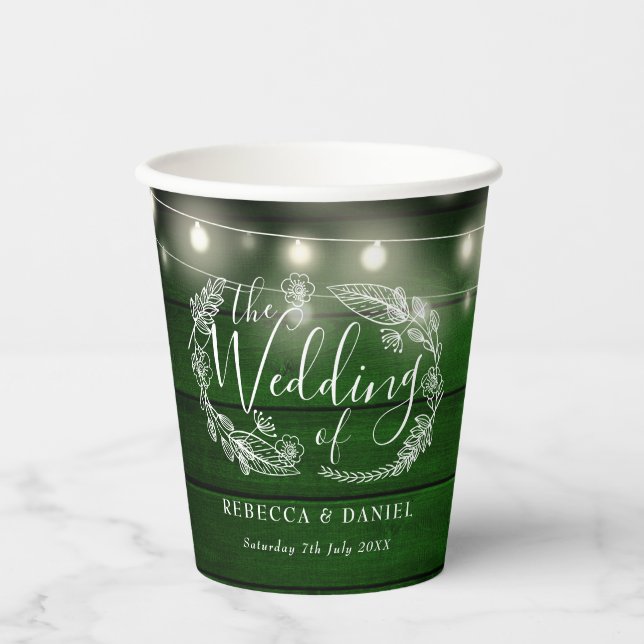 Rustic Green Wood String Lights Floral Wedding Paper Cups (Front)