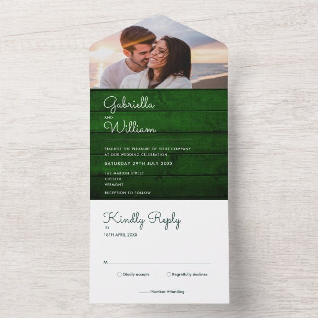 Rustic Green Wood String Lights Photo Wedding All In One Invitation (Inside)