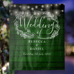 Rustic Green Wood String Lights Wedding Backdrop Tapestry