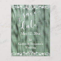 Rustic Green Wood White Scrollwork Save the Date