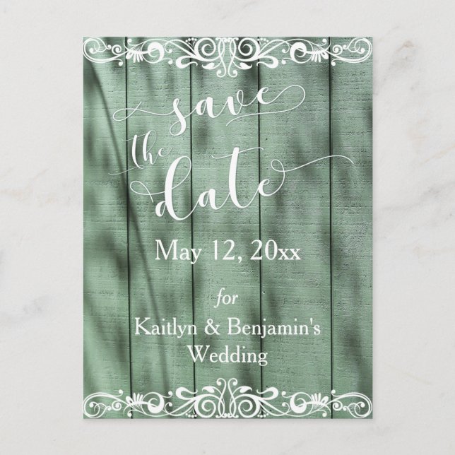 Rustic Green Wood White Scrollwork Save the Date Announcement Postcard (Front)