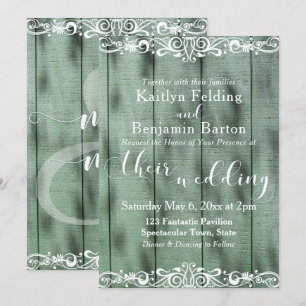 Rustic Green Wood White Scrollwork Wedding 2 Invitation