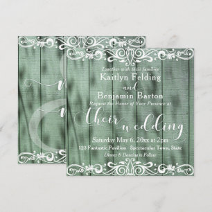 Rustic Green Wood White Scrollwork Wedding 2b Invitation