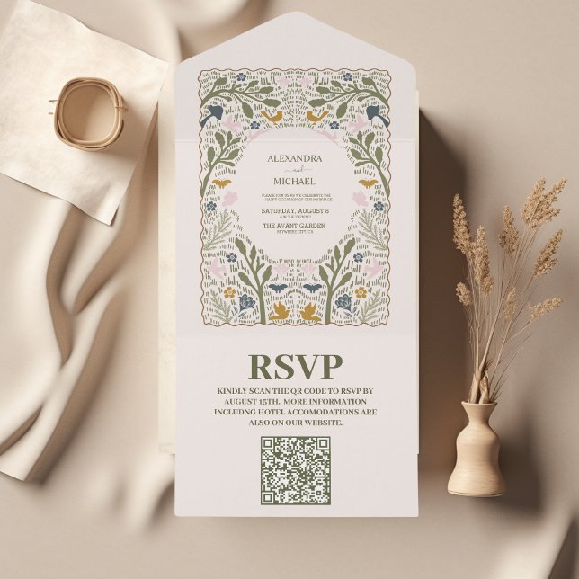 Rustic Green Woodland Fern Wedding QR CODE All In One Invitation (Creator Uploaded)