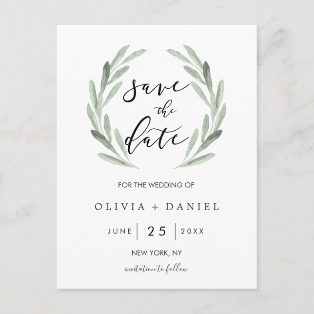Rustic Green Wreath Simple Wedding Save the Date Announcement Postcard (Front)