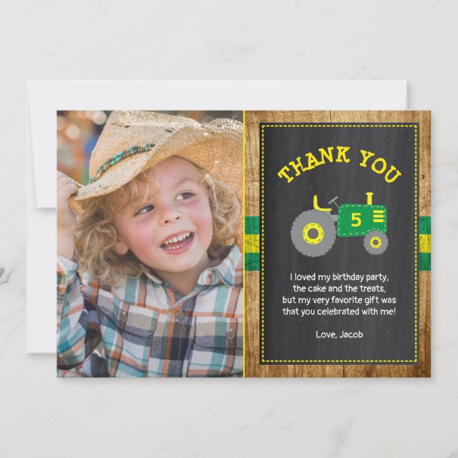 Rustic Green & Yellow Tractor Birthday Thank You (Front)