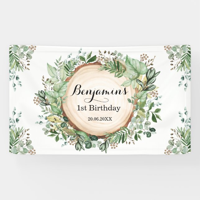 Rustic Greenery 1st First Birthday Neutral Party Banner (Horizontal)