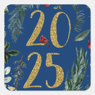 Rustic Greenery 2025 Blue New Years Holiday Square Sticker