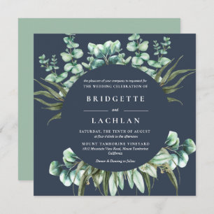Rustic Greenery and Navy Eucalyptus SQ Wedding Invitation