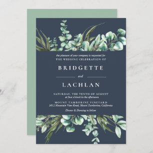 Rustic Greenery and Navy Eucalyptus Wedding Invitation