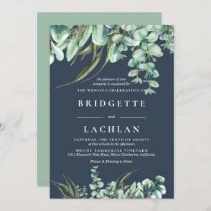 Rustic Greenery and Navy Eucalyptus Wedding Invitation