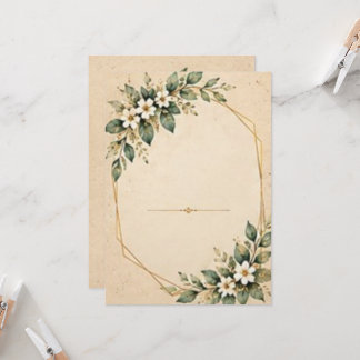 Rustic Greenery and White Blossoms with Gold Frame Invitation