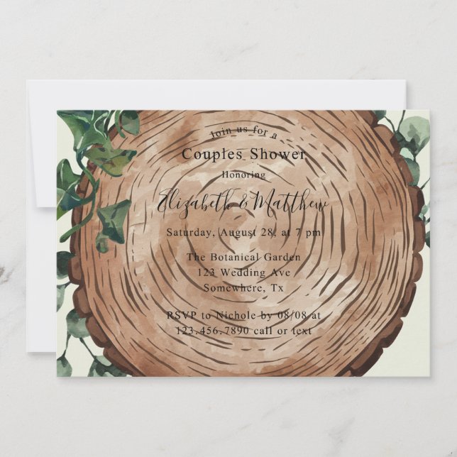 Rustic Greenery and Wood Slice Couples Shower Invitation (Front)