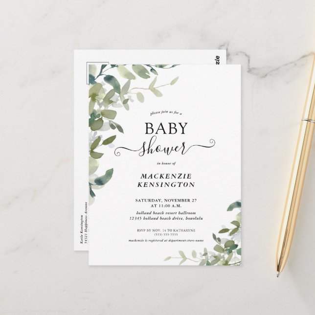 Rustic Greenery Baby Shower Invitation Postcard (Front/Back In Situ)