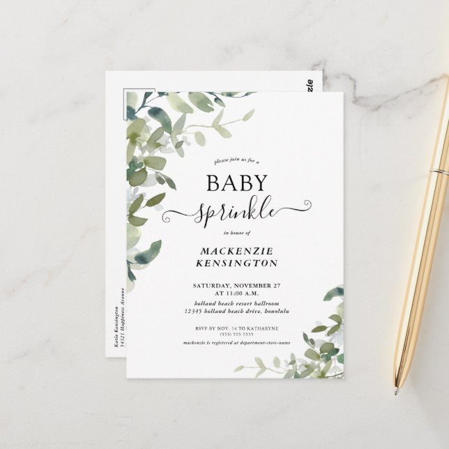 Rustic Greenery Baby Sprinkle Invitation Postcard (Front/Back In Situ)