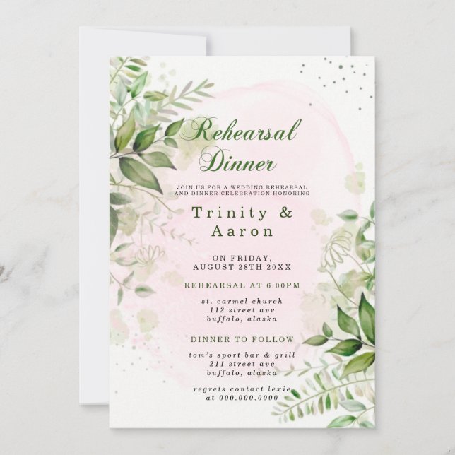 Rustic Greenery Blush Pink Airy Rehearsal Dinner Invitation (Front)