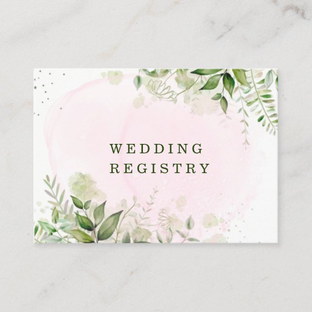Rustic Greenery Blush Pink Airy Wedding Registry Business Card (Front)