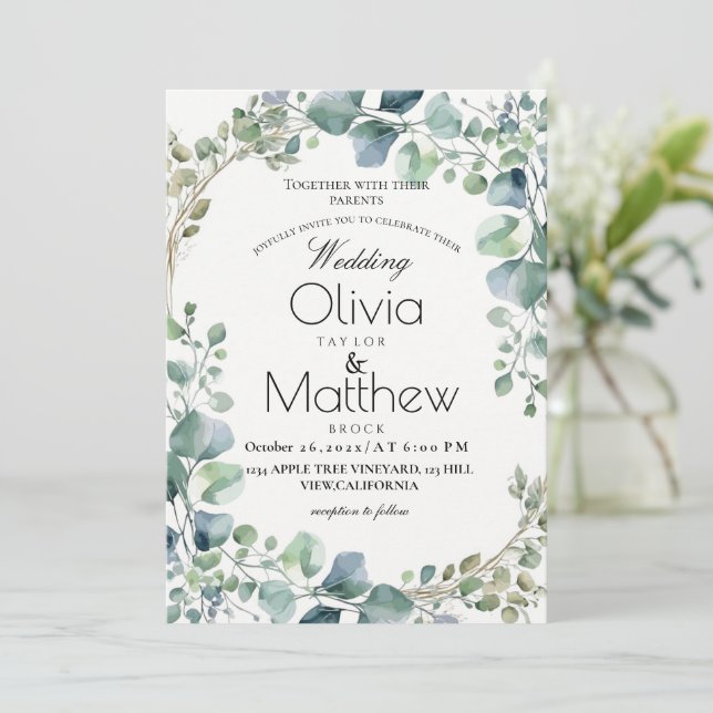 Rustic Greenery Boho Eucalyptus Elegant Wedding Invitation (Standing Front)