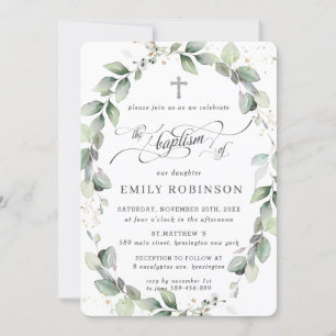 Rustic Greenery Botanical Wreath Silver Baptism Invitation