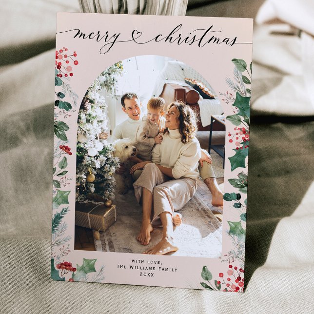 Rustic Greenery Calligraphy Photo Christmas  Holiday Card (Creator Uploaded)