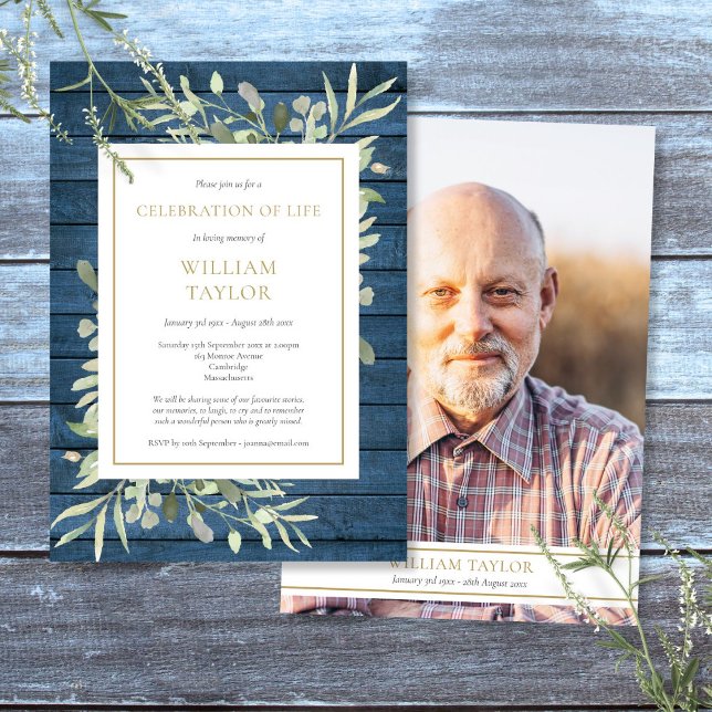 Rustic Greenery Celebration of Life Photo Funeral  Invitation (Rustic Greenery Celebration of Life Photo Funeral Invitation)