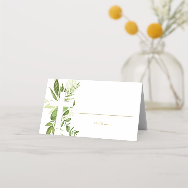 Rustic Greenery Cross Boy Baptism Folded Tent Place Card (Front)