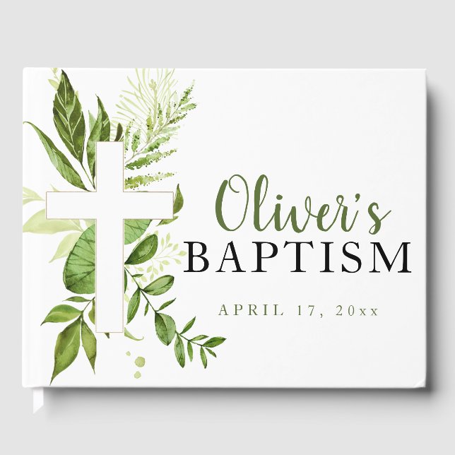 Rustic Greenery Cross Boy Baptism Guest Book (Front)