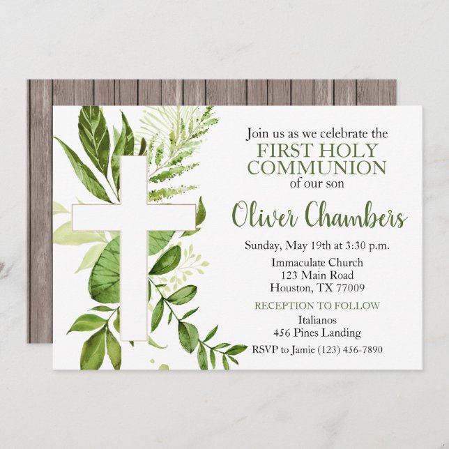 Rustic Greenery Cross Boy First Holy Communion Invitation (Front/Back)
