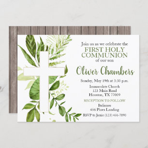 Rustic Greenery Cross Boy First Holy Communion Invitation