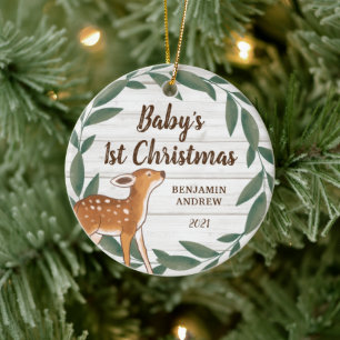 Rustic Greenery Deer Baby's First Christmas Photo Ceramic Ornament