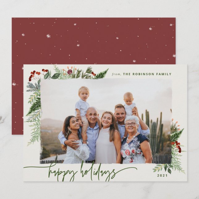 Rustic Greenery Earthy Beige Green Dry Brush Photo Holiday Card (Front/Back)