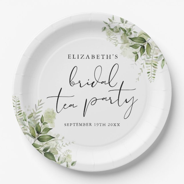 Rustic Greenery Elegant Script Bridal Tea Party Paper Plate (Front)