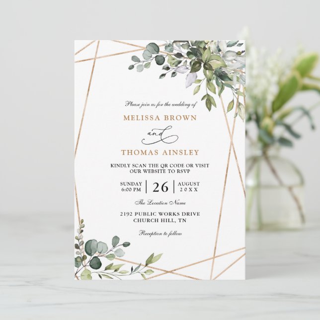 Rustic Greenery Eucalyptus Budget QR Code Wedding Invitation (Standing Front)