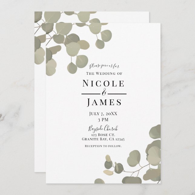Rustic Greenery Eucalyptus Elegant Modern Wedding Invitation (Front/Back)