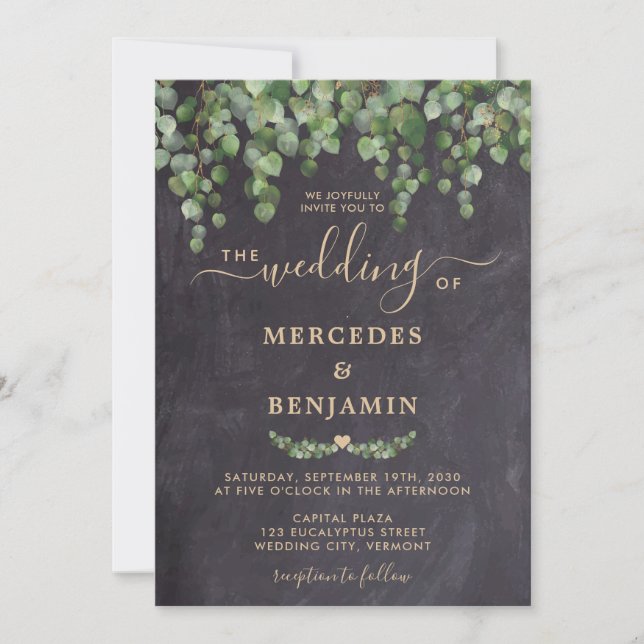 Rustic Greenery Eucalyptus Gold Chalkboard Wedding Invitation (Front)