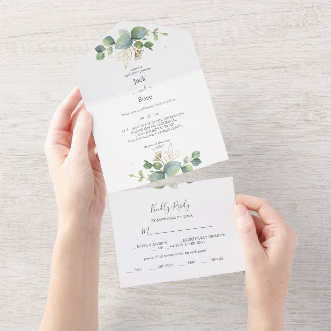   Rustic Greenery Eucalyptus Summer Wedding.  All In One Invitation (Tearaway)