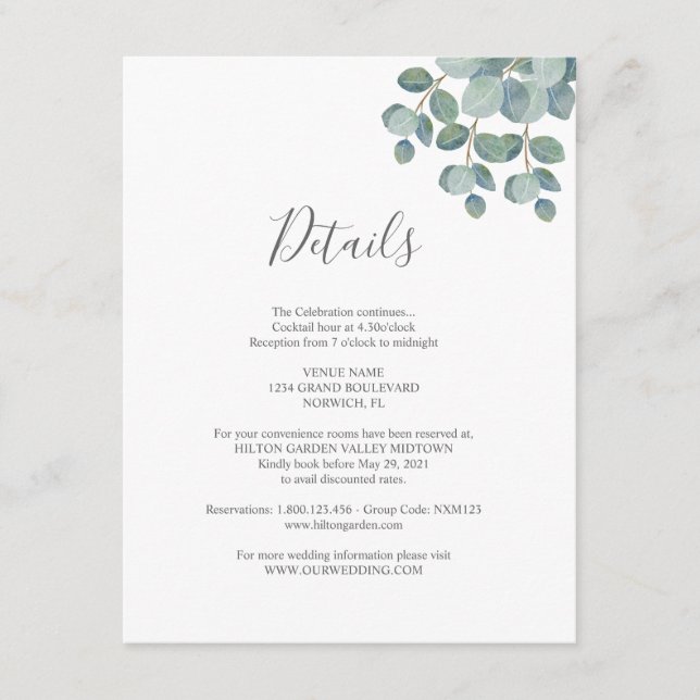  Rustic Greenery Eucalyptus Summer Wedding.  Enclosure Card (Front)