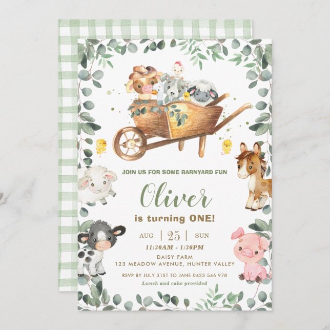 Rustic Greenery Farm Animals Barnyard Birthday Invitation (Front/Back)