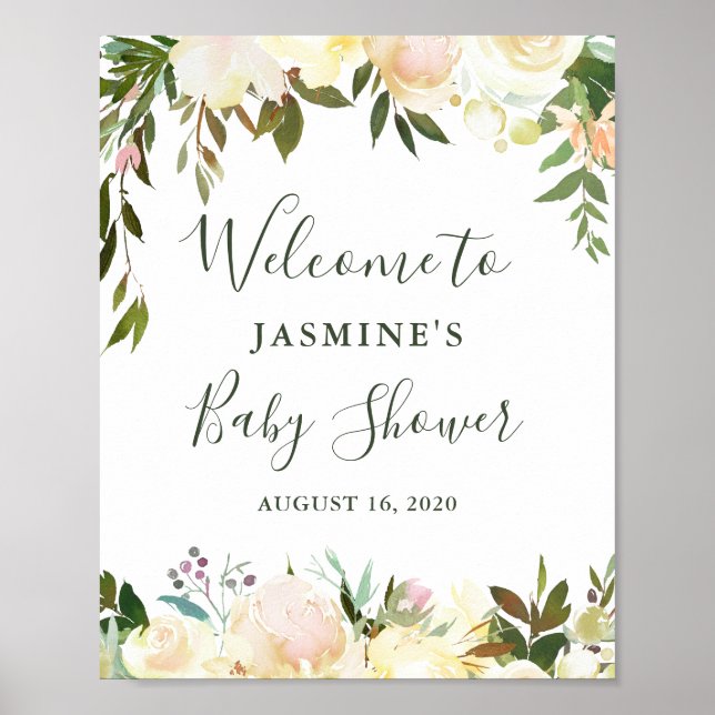 Rustic Greenery Floral Baby Shower Welcome Sign (Front)