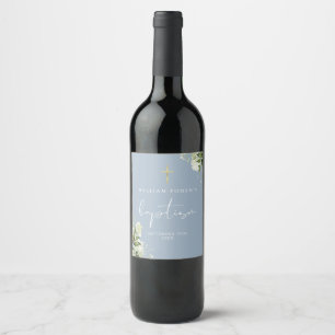 Rustic Greenery Floral Dusty Blue Baptism Wine Label