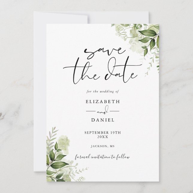 Rustic Greenery Floral Elegant Photo Wedding Save The Date (Front)